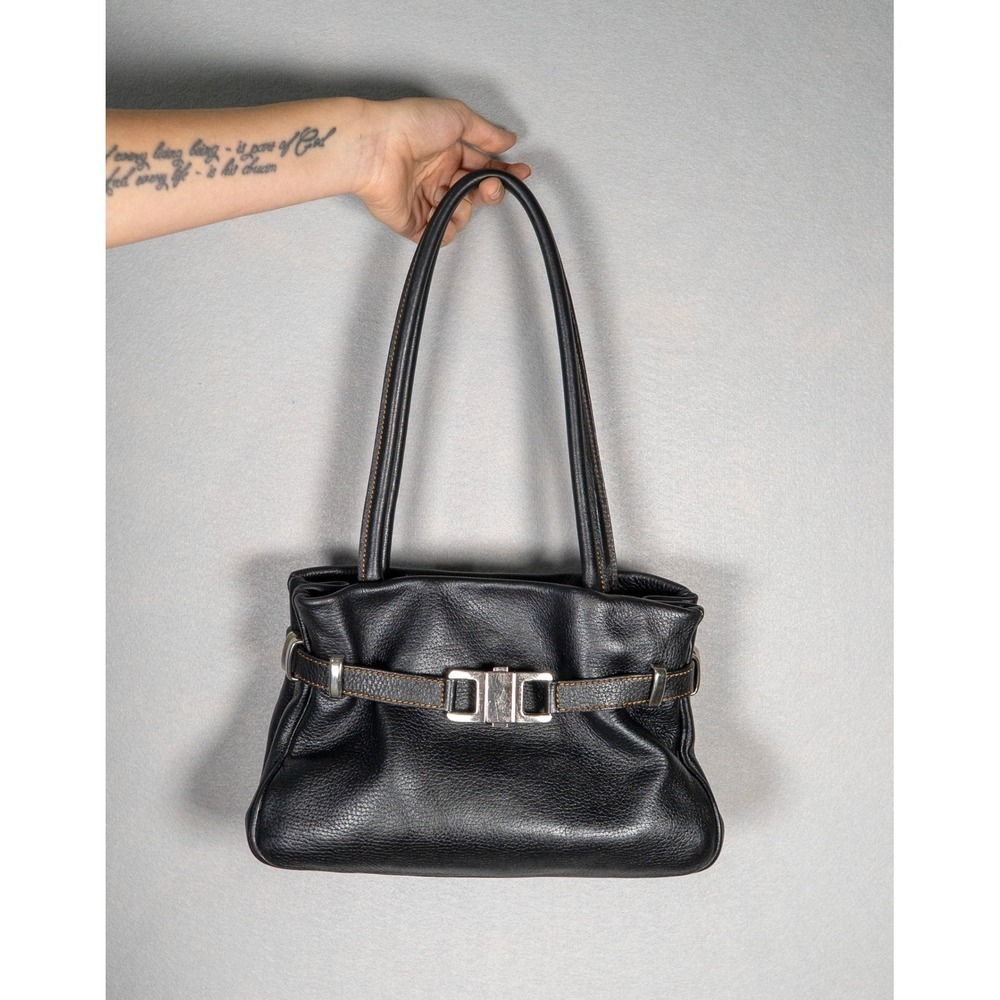 Volterra Roma Black Pebbled Leather Belted Shoulder Bag Made‎ Italy Y2K Handbag